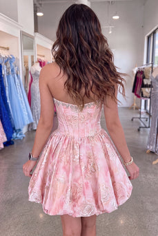 Sparkly Beaded Pink Floral Corset Short Cocktail Dress