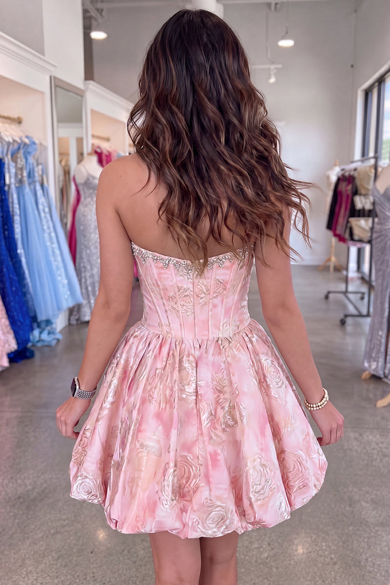 Load image into Gallery viewer, Sparkly Beaded Pink Floral Corset Short Cocktail Dress