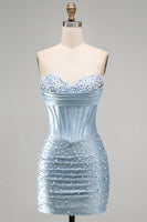 Load image into Gallery viewer, Grey Blue Satin Ruched Short Tight Corset Cocktail Dress with Pearls