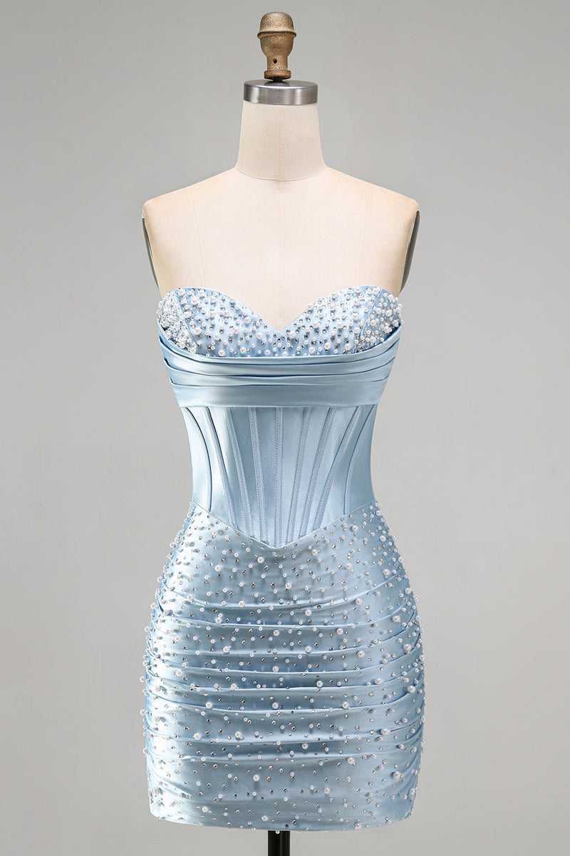 Load image into Gallery viewer, Grey Blue Satin Ruched Short Tight Corset Cocktail Dress with Pearls