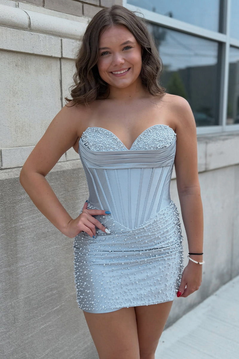 Load image into Gallery viewer, Sparkly Yellow Corset Tight Strapless Short Cocktail Dress with Pearls