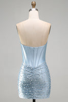 Load image into Gallery viewer, Grey Blue Satin Ruched Short Tight Corset Cocktail Dress with Pearls