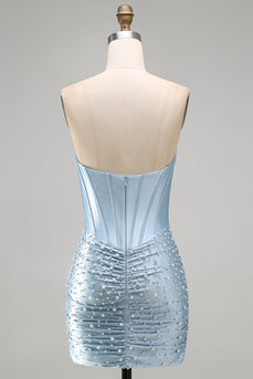 Grey Blue Satin Ruched Short Tight Corset Cocktail Dress with Pearls
