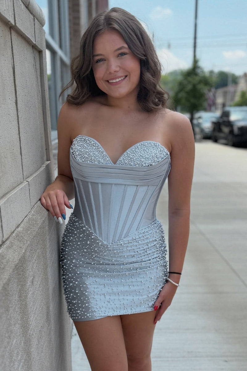 Load image into Gallery viewer, Sparkly Yellow Corset Tight Strapless Short Cocktail Dress with Pearls