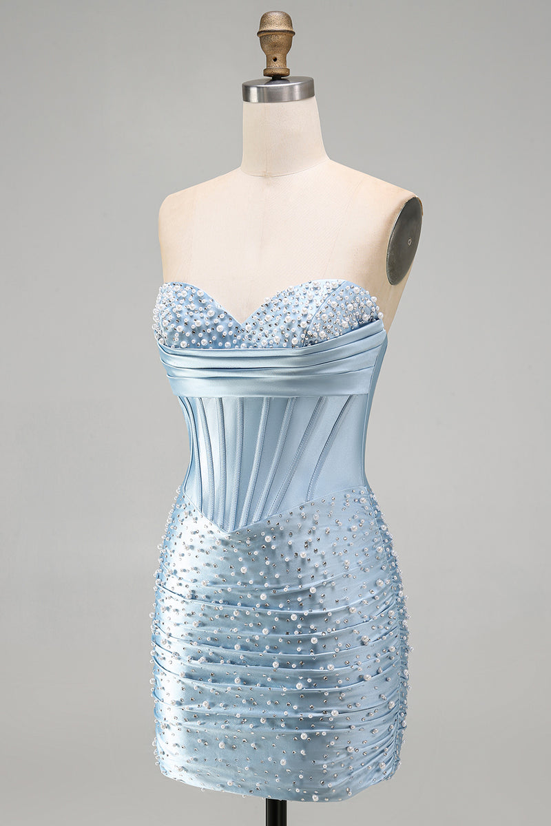 Load image into Gallery viewer, Sparkly Yellow Corset Tight Strapless Short Cocktail Dress with Pearls