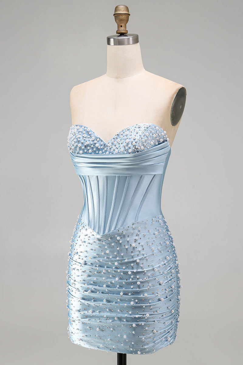 Load image into Gallery viewer, Grey Blue Satin Ruched Short Tight Corset Cocktail Dress with Pearls