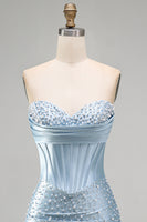 Load image into Gallery viewer, Grey Blue Satin Ruched Short Tight Corset Cocktail Dress with Pearls
