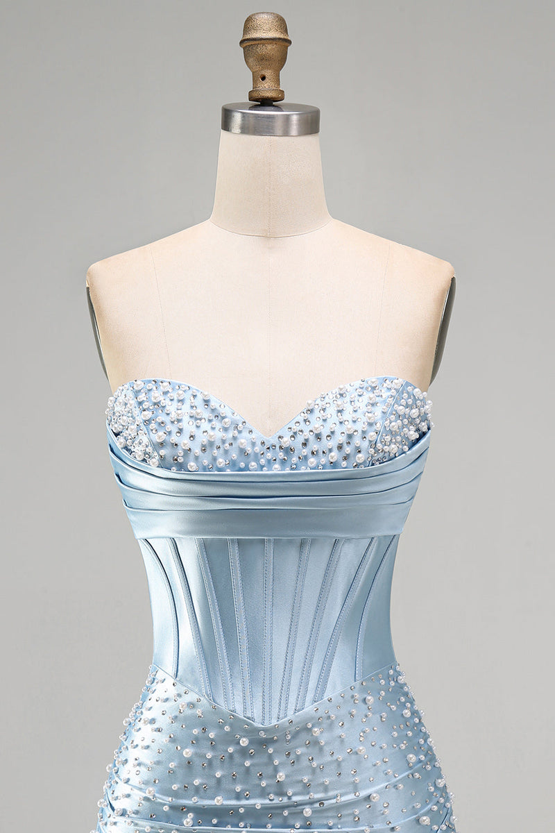 Load image into Gallery viewer, Grey Blue Satin Ruched Short Tight Corset Cocktail Dress with Pearls