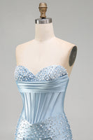 Load image into Gallery viewer, Grey Blue Satin Ruched Short Tight Corset Cocktail Dress with Pearls