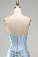 Load image into Gallery viewer, Grey Blue Satin Ruched Short Tight Corset Cocktail Dress with Pearls
