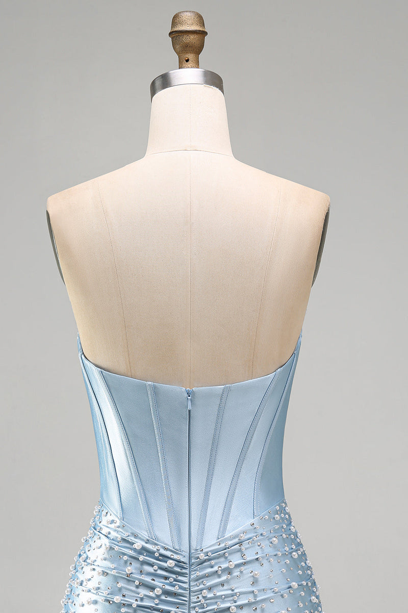 Load image into Gallery viewer, Grey Blue Satin Ruched Short Tight Corset Cocktail Dress with Pearls