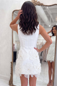 White Boat Neck Short Cocktail Dress with Flowers