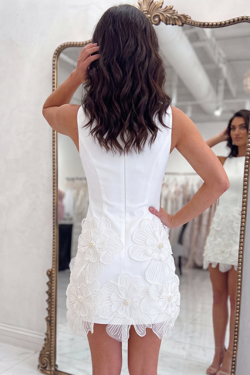 Load image into Gallery viewer, White Boat Neck Short Cocktail Dress with Flowers