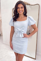 Load image into Gallery viewer, Light Blue Sparkly Ruched Short Tweed Tight Cocktail Dress with Bow