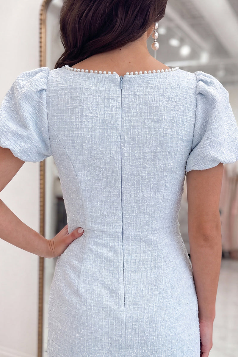 Load image into Gallery viewer, Light Blue Sparkly Ruched Short Tweed Tight Cocktail Dress with Bow