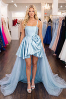 Load image into Gallery viewer, Light Blue A Line High Low Cocktail Dress with 3D Flower