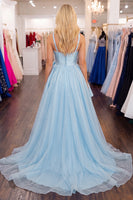 Load image into Gallery viewer, Light Blue A Line High Low Cocktail Dress with 3D Flower