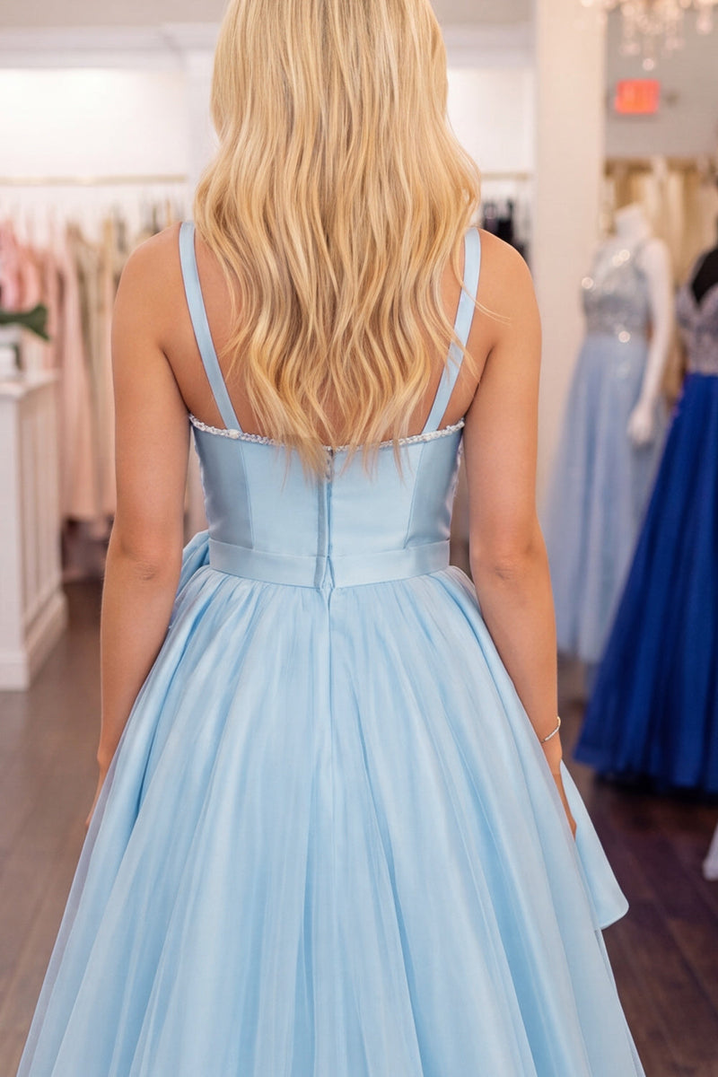 Load image into Gallery viewer, Light Blue A Line High Low Cocktail Dress with 3D Flower
