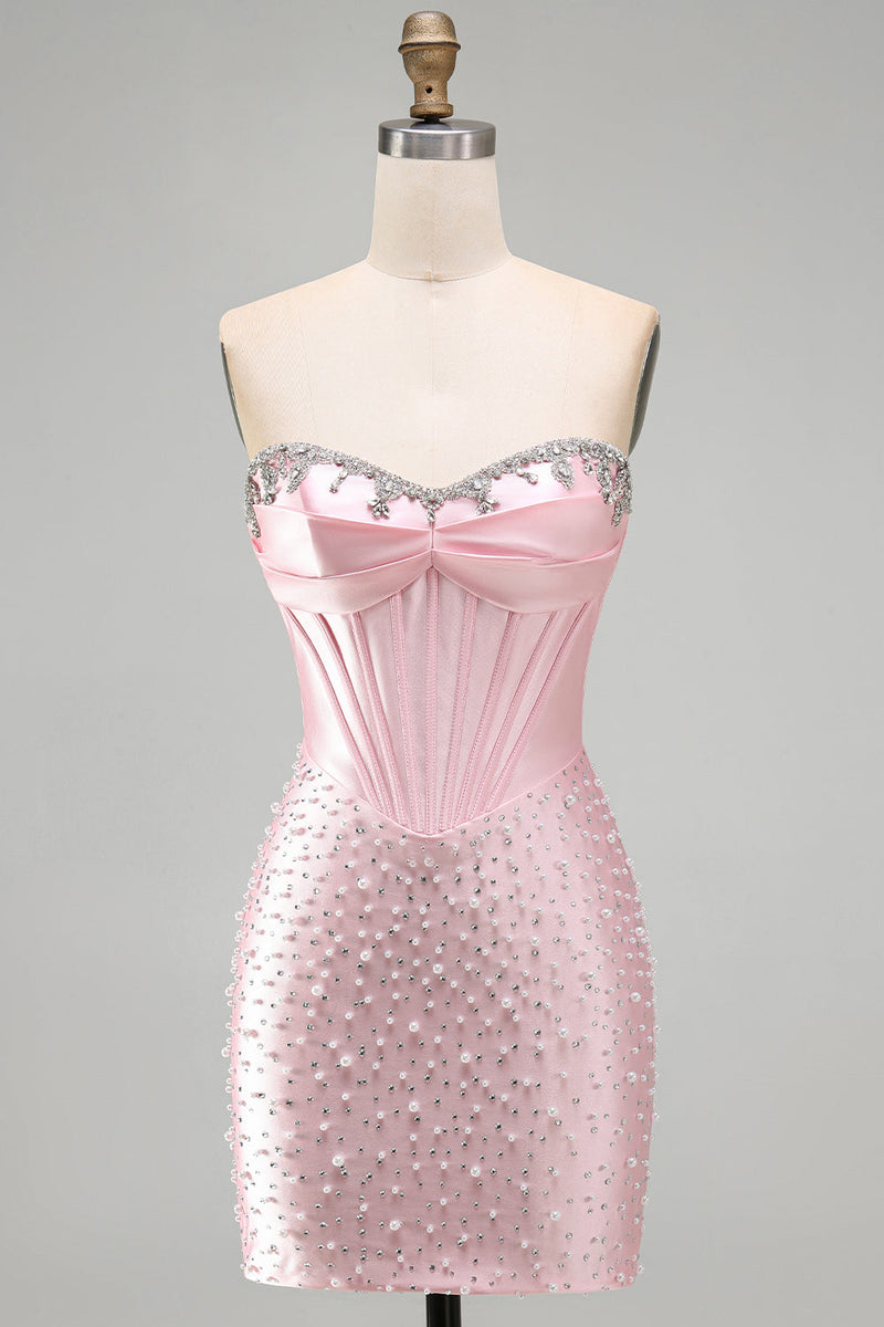 Load image into Gallery viewer, Sparkly Pink Sweetheart Corset Tight Short Cocktail Dress with Pearls