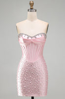 Load image into Gallery viewer, Pink Sparkly Corset Beaded Short Tight Cocktail Dress with Pearls