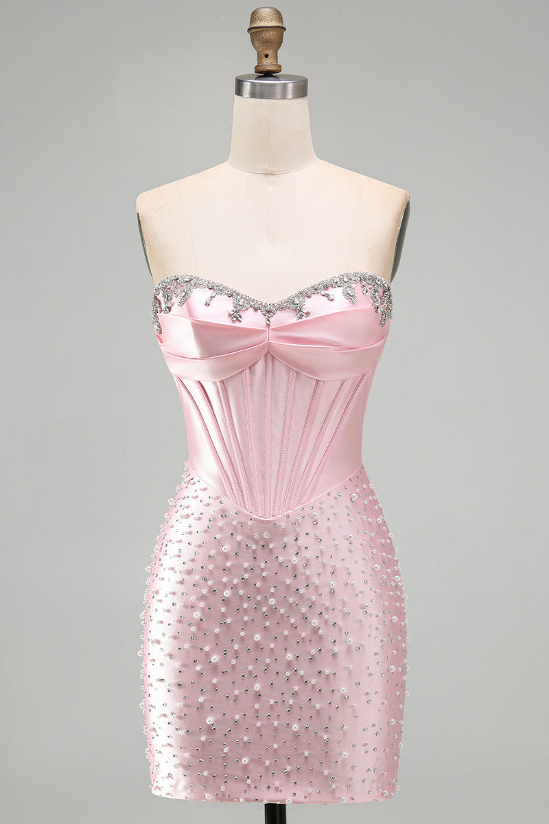 Load image into Gallery viewer, Pink Sparkly Corset Beaded Short Tight Cocktail Dress with Pearls