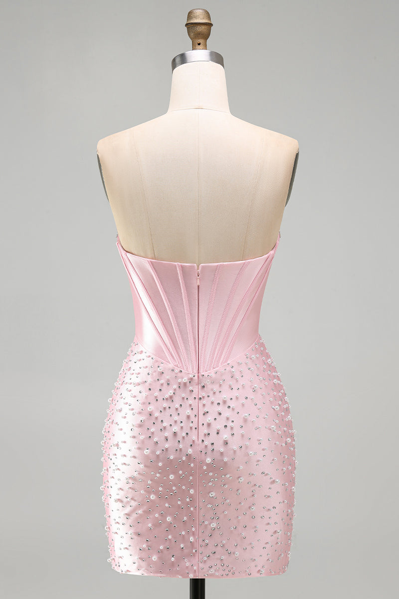 Load image into Gallery viewer, Pink Sparkly Corset Beaded Short Tight Cocktail Dress with Pearls