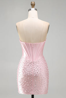 Sparkly Pink Sweetheart Corset Tight Short Cocktail Dress with Pearls