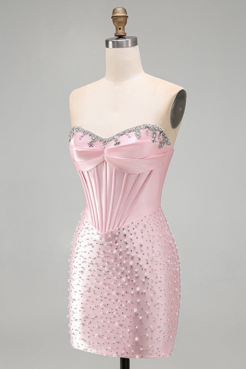 Load image into Gallery viewer, Pink Sparkly Corset Beaded Short Tight Cocktail Dress with Pearls