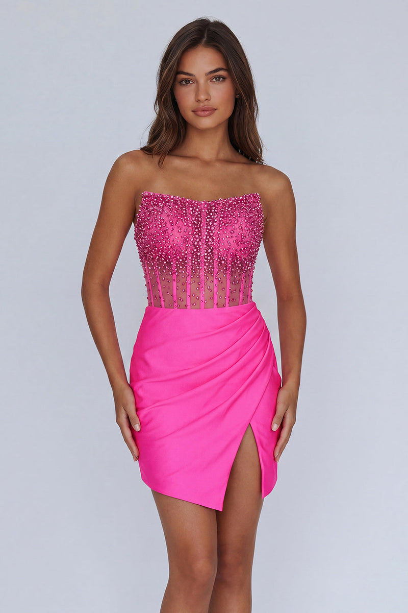 Load image into Gallery viewer, Sparkly Fuchsia Beaded Corset Short Tight Cocktail Dress with Slit