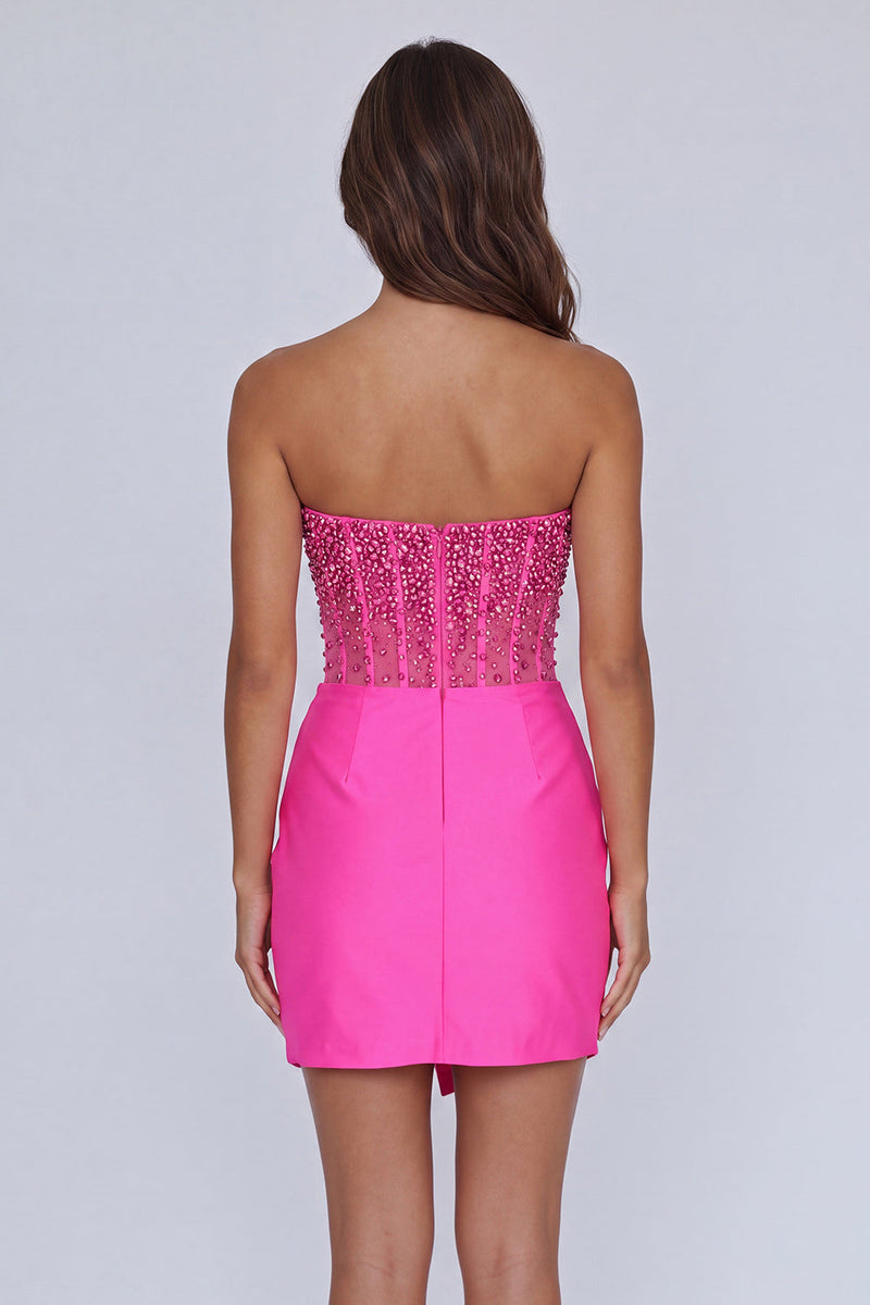Load image into Gallery viewer, Sparkly Fuchsia Beaded Corset Short Tight Cocktail Dress with Slit