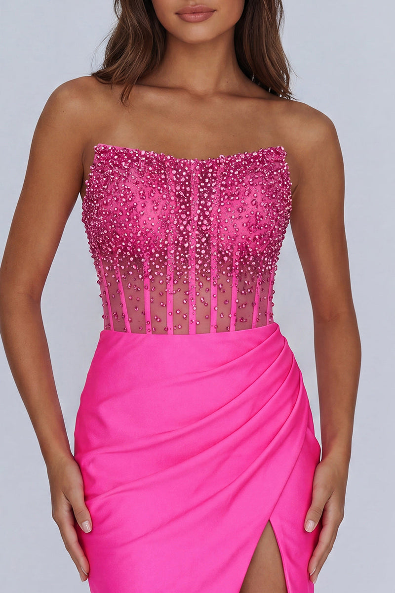 Load image into Gallery viewer, Sparkly Fuchsia Beaded Corset Short Tight Cocktail Dress with Slit