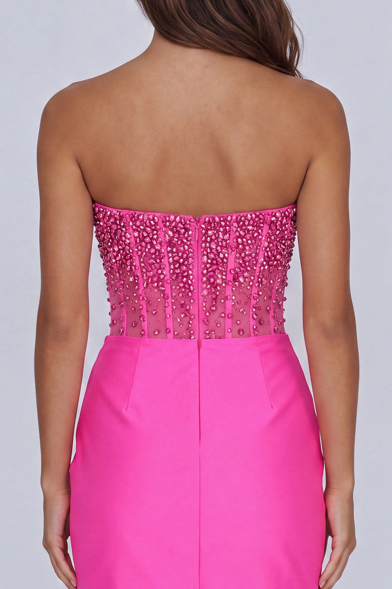 Load image into Gallery viewer, Sparkly Fuchsia Beaded Corset Short Tight Cocktail Dress with Slit