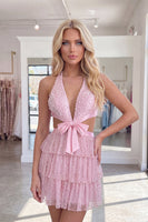 Load image into Gallery viewer, Pink Sparkly Cut Out Tiered Ruffled Short Cocktail Dress with Bows