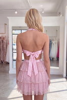 Load image into Gallery viewer, Pink Sparkly Cut Out Tiered Ruffled Short Cocktail Dress with Bows