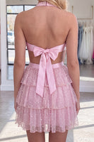 Load image into Gallery viewer, Pink Sparkly Cut Out Tiered Ruffled Short Cocktail Dress with Bows