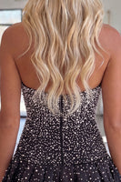 Load image into Gallery viewer, Black Sparkly A Line Short Beaded Cocktail Dress with Pearls