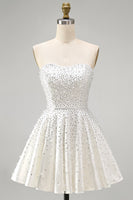 Load image into Gallery viewer, White Sparkly A Line Beaded Short Cocktail Dress with Pearls