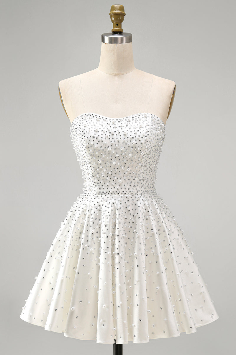 Load image into Gallery viewer, White Sparkly A Line Beaded Short Cocktail Dress with Pearls