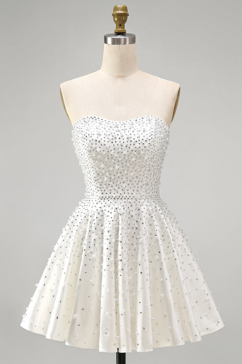 Load image into Gallery viewer, White Beaded Sparkly Sweetheart Mini A-Line Cocktail Dress with Pearls
