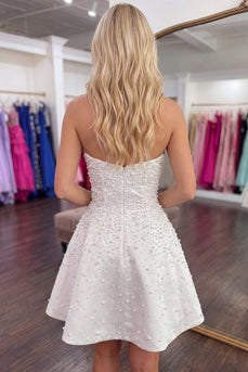 White Sparkly A Line Beaded Short Cocktail Dress with Pearls