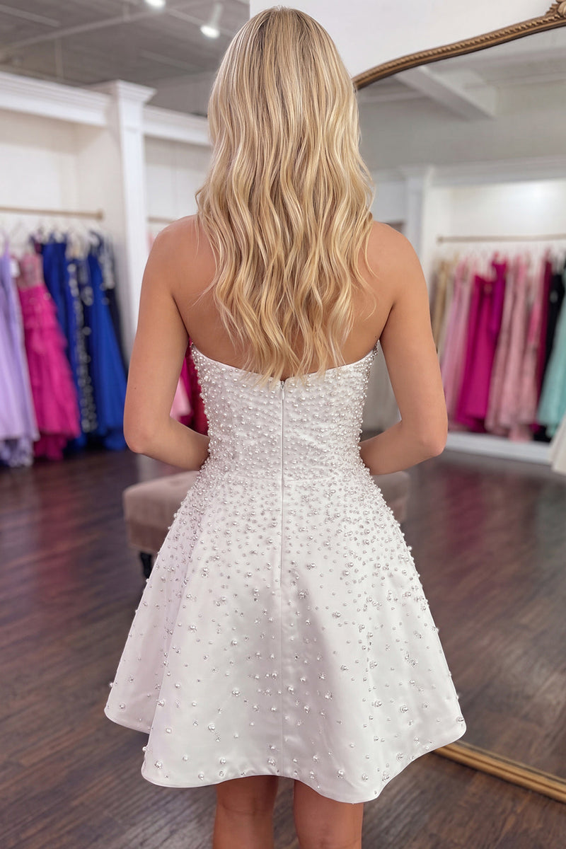 Load image into Gallery viewer, White Sparkly A Line Beaded Short Cocktail Dress with Pearls