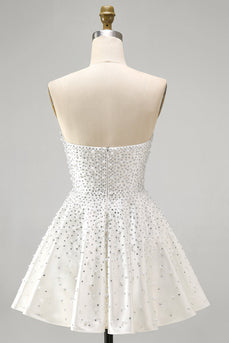 White Beaded Sparkly Sweetheart Mini A-Line Cocktail Dress with Pearls