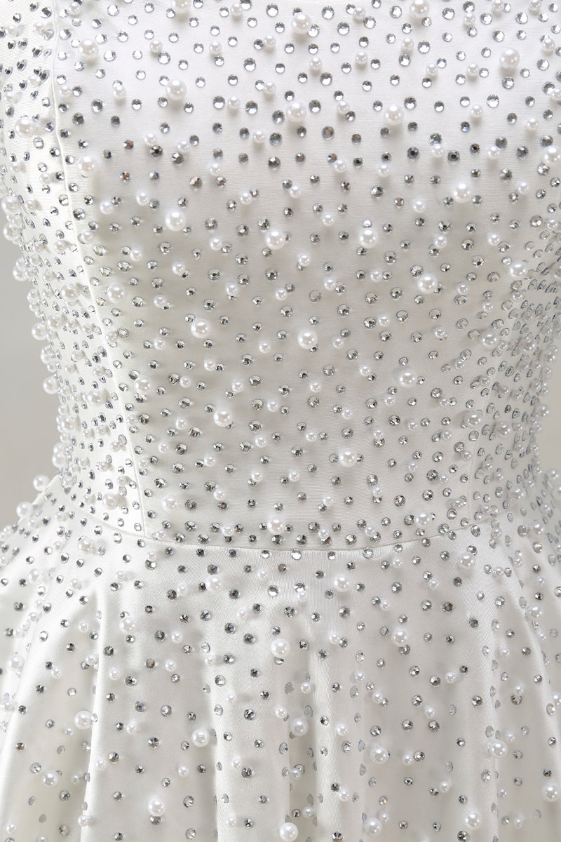 Load image into Gallery viewer, White Sparkly A Line Beaded Short Cocktail Dress with Pearls