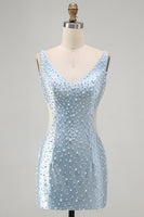 Load image into Gallery viewer, Blue Tight V-Neck Sparkly Cut Out Beaded Short Cocktail Dress with Pearls