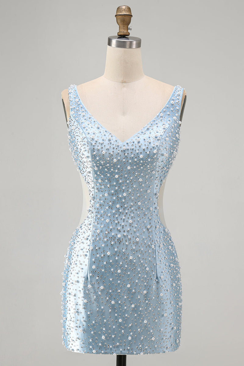 Load image into Gallery viewer, Blue Tight V-Neck Sparkly Cut Out Beaded Short Cocktail Dress with Pearls