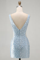 Load image into Gallery viewer, Sparkly Blue Tight Short V-Neck Cocktail Dress with Pearls