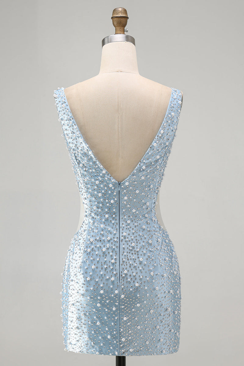 Load image into Gallery viewer, Blue Tight V-Neck Sparkly Cut Out Beaded Short Cocktail Dress with Pearls