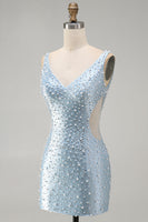 Load image into Gallery viewer, Blue Tight V-Neck Sparkly Cut Out Beaded Short Cocktail Dress with Pearls