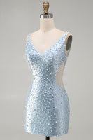 Load image into Gallery viewer, Sparkly Blue Tight Short V-Neck Cocktail Dress with Pearls