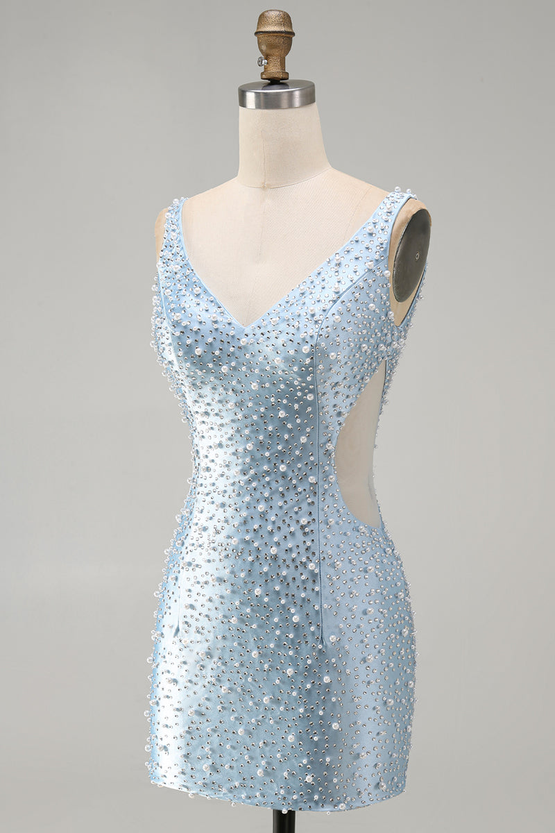 Load image into Gallery viewer, Sparkly Blue Tight Short V-Neck Cocktail Dress with Pearls